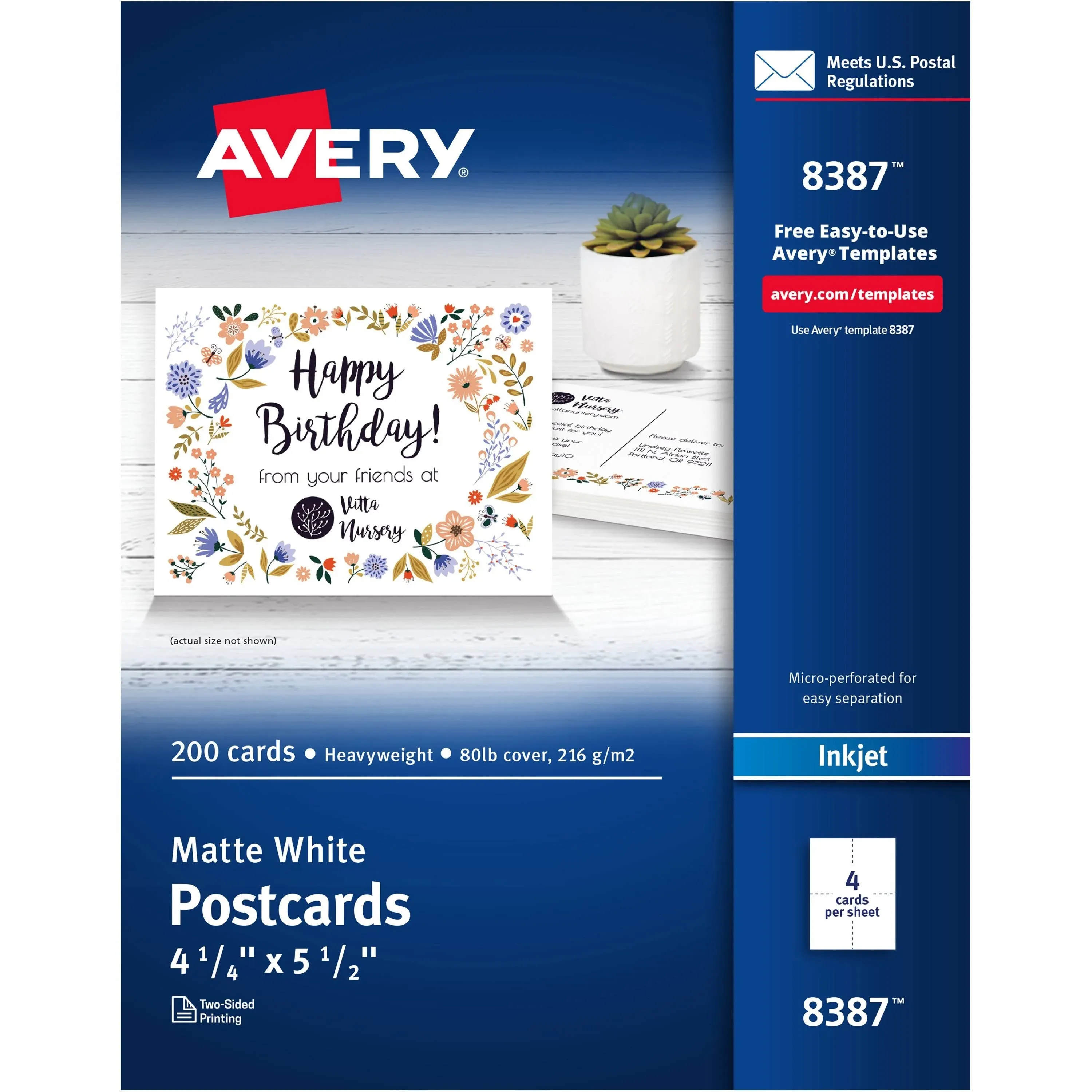 Avery Printable Postcards for Inkjet Printers, 4.25" x 5.5", 200 Blank Cards -- Great for Recipe Cards and Flashcards (8387)