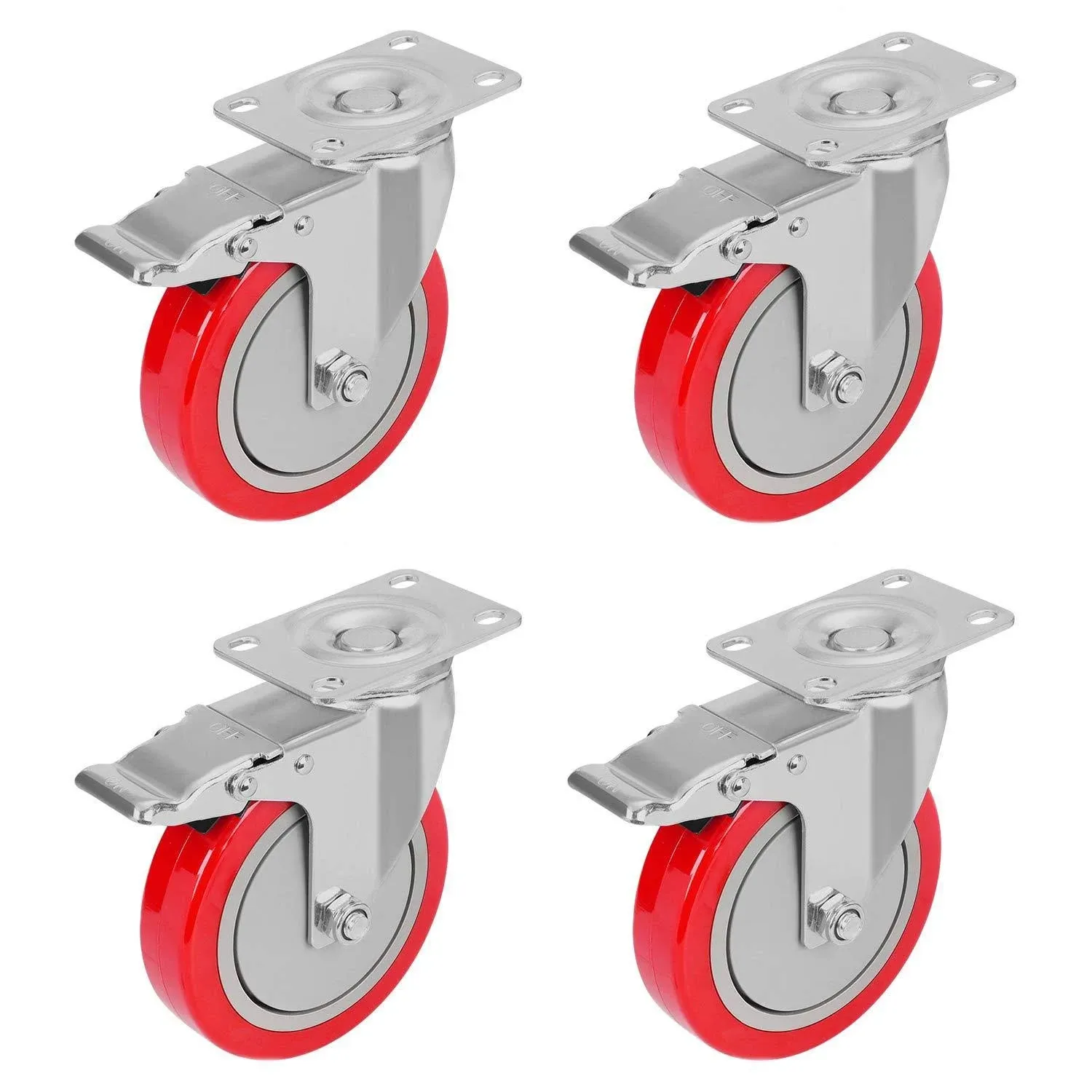 5 Inch Plate Caster Wheels With Safety Dual Locking Carbon Steel Set of 4 NEW