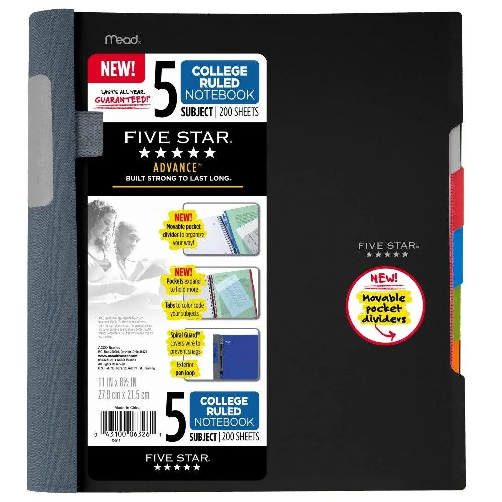 Five Star Spiral Notebook + Study App, 5 Subject, College Ruled Paper, Advance Notebook with Spiral Guard, Movable Tabbed Dividers and Expanding Pockets, 8-1/2" x 11", 200 Sheets, Black (73144)