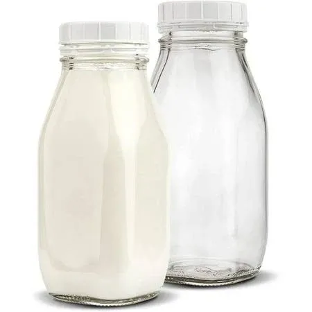 Glass Milk Bottles (2 Pack) 12-Ounce Glass Milk Jars 6 Tamper Proof Snap-On Caps