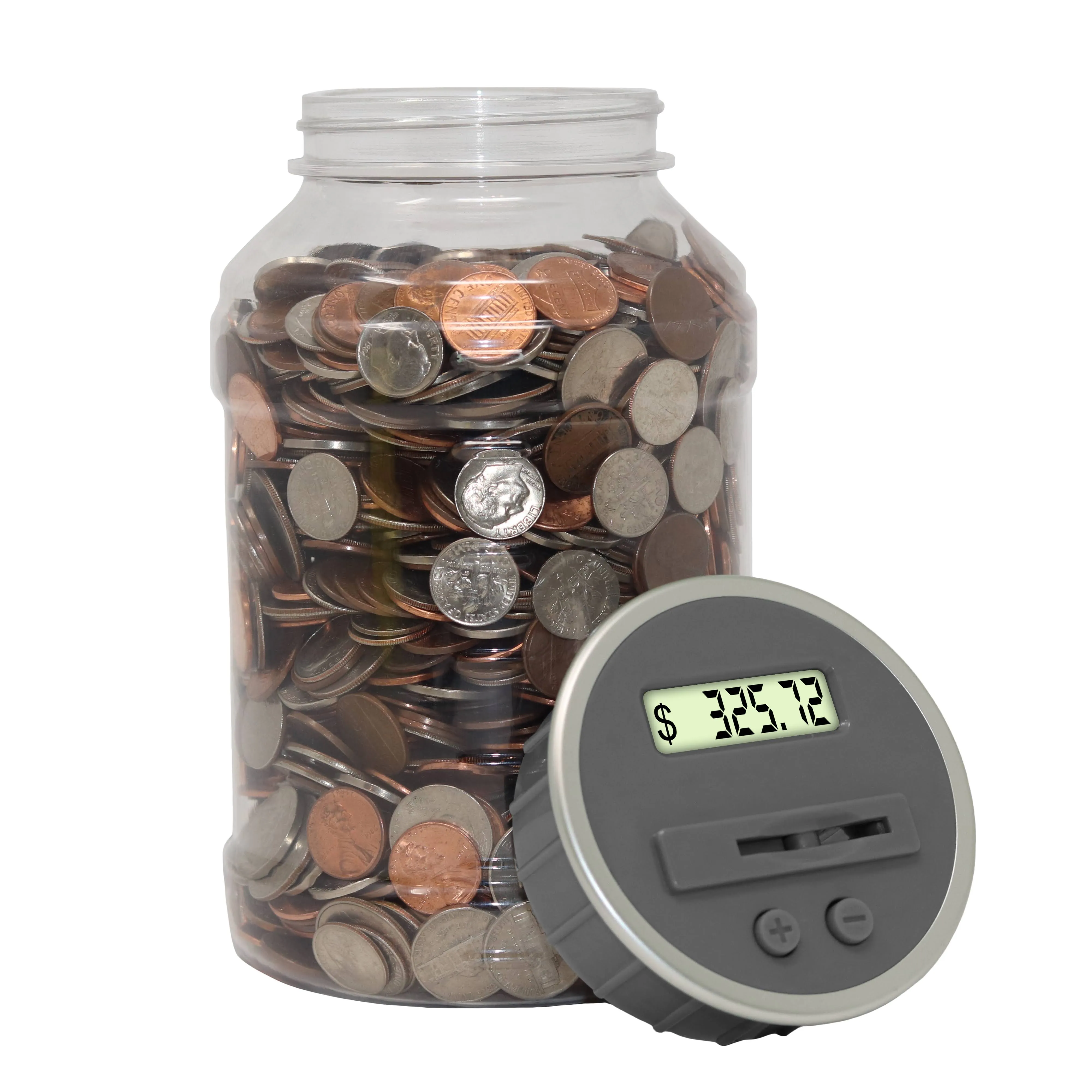 Teacher's Choice Digital Coin Bank, Savings Jar, and Piggy Bank | Automatic Coin Counter Totals All U.S. Coins Including Dollars and Half Dollars - Original Style, Clear Jar w/Grey Lid