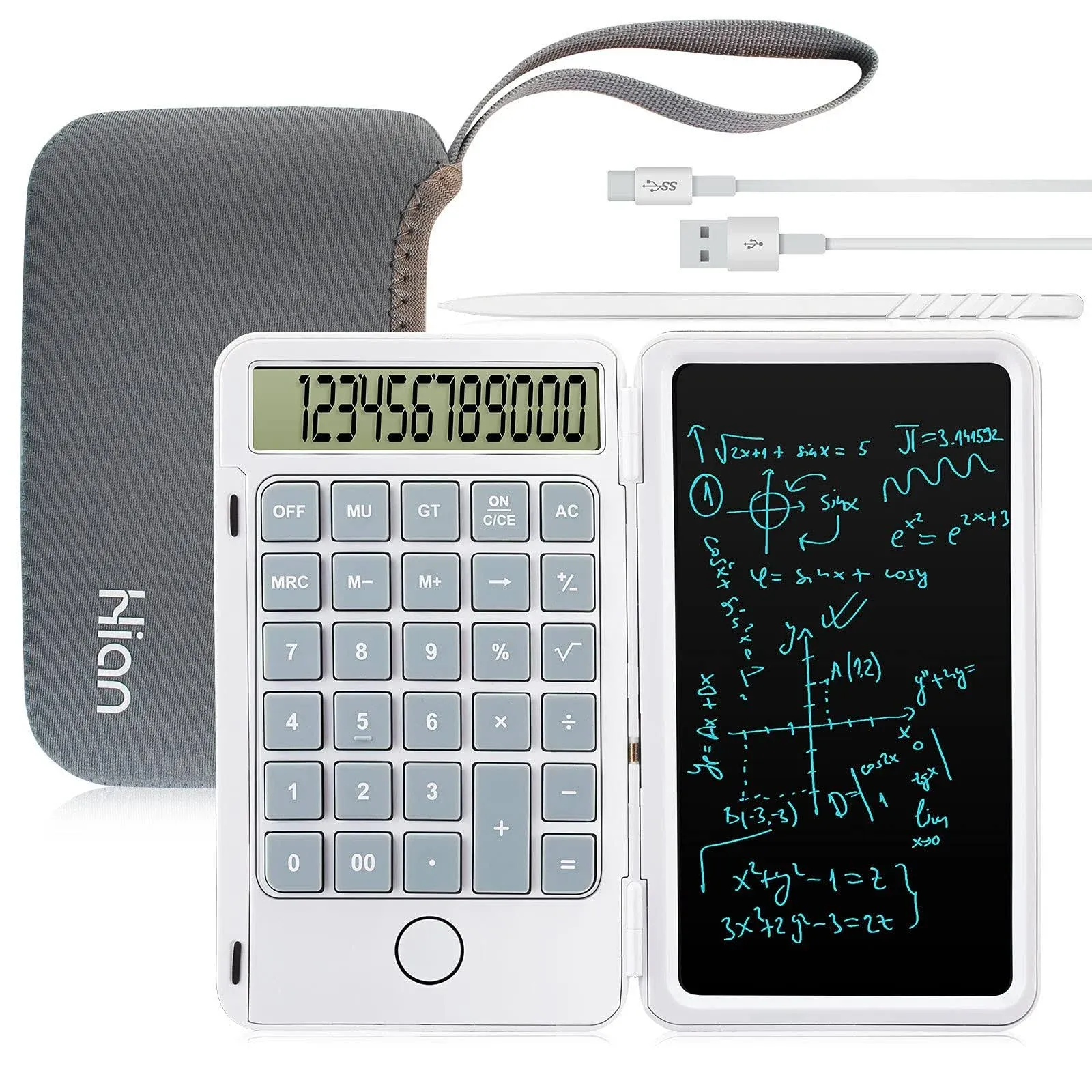 Hion Calculator,12-Digit Large Display Office Desk Calcultors with Erasable Writing Table,Rechargeable Hand held Multi-Function Mute Pocket Desktop Calculator for Basic Financial Home School,White