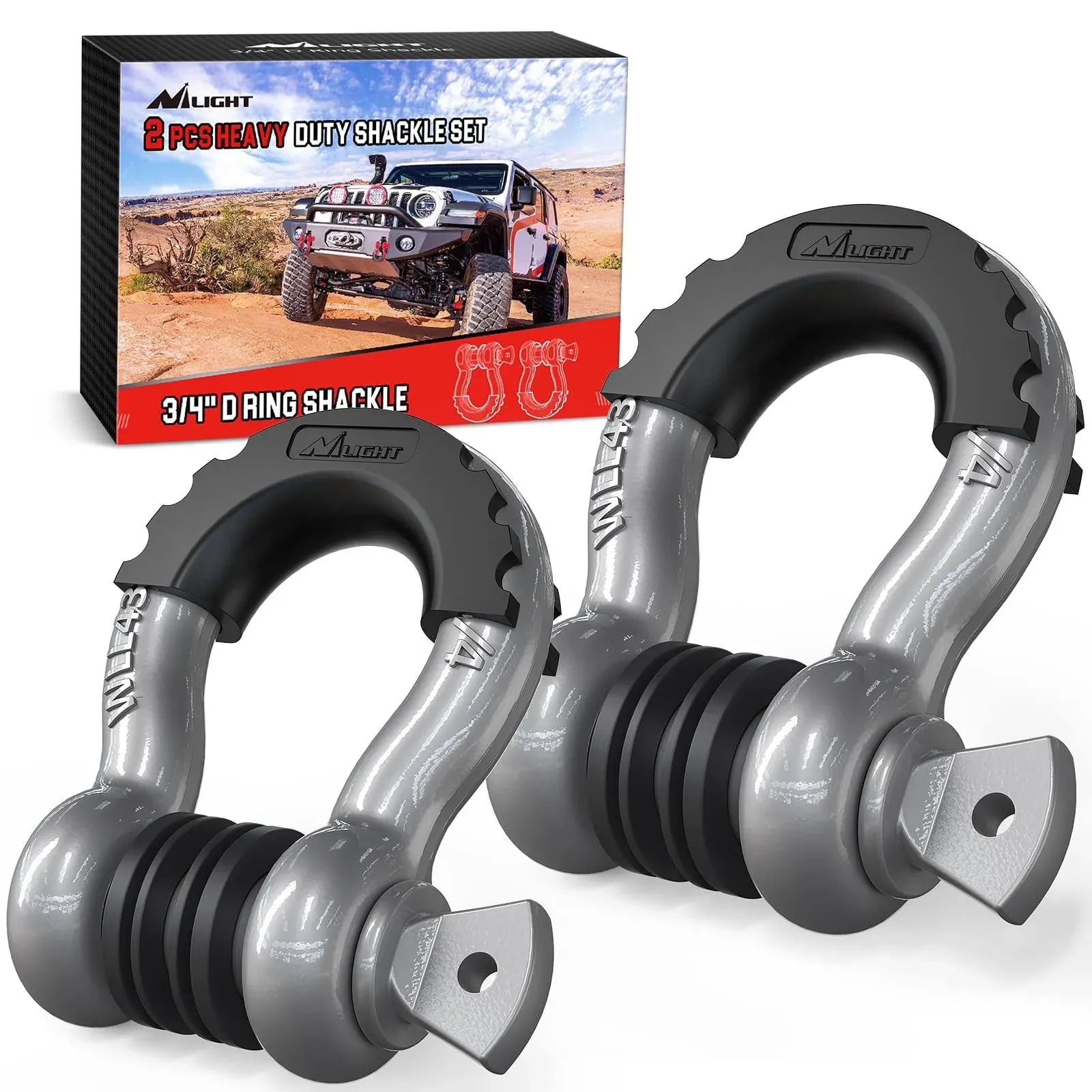 Nilight - 90052B 2 Pack 3/4" D-Ring Shackle 4.75 Ton (9500 lbs) Capacity with 7/8" Pin Heavy Duty Off Road Recovery Shackle with Isolators & Washer