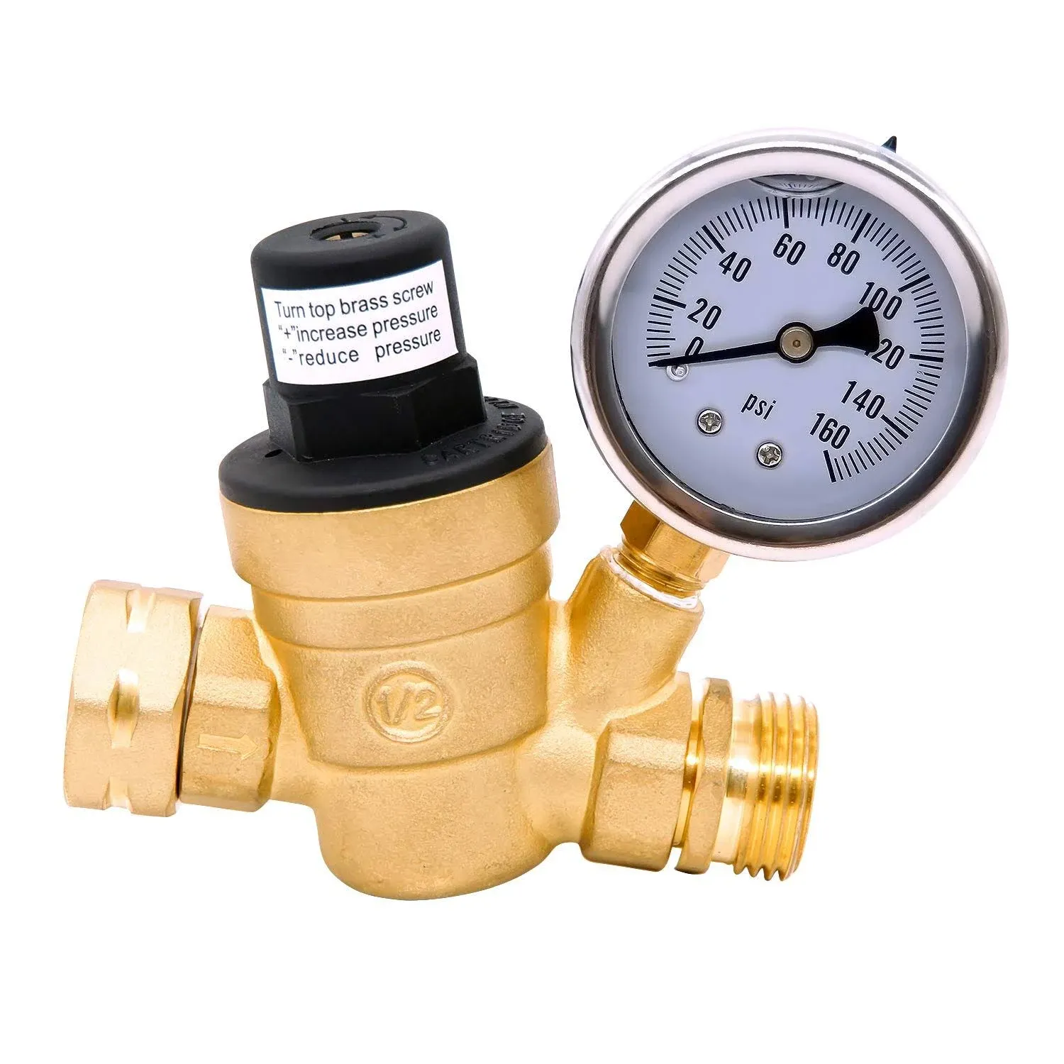 3/4 Lead-Free Water Pressure Regulator Brass Water Valve with Gauge, Adjustable Pressure Reducer for RV Camper, Build in Oil, NH Thread