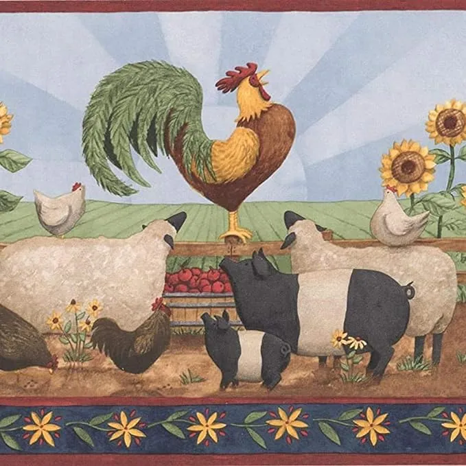 Concord Wallcoverings Wallpaper Border Vintage Country Pattern Farm Animals Cow