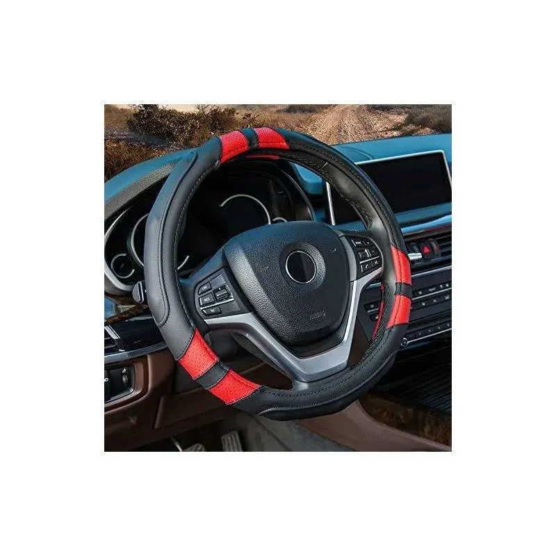 Achiou Black and Red Car Steering Wheel Cover Universal 15 inch with Grip Con...