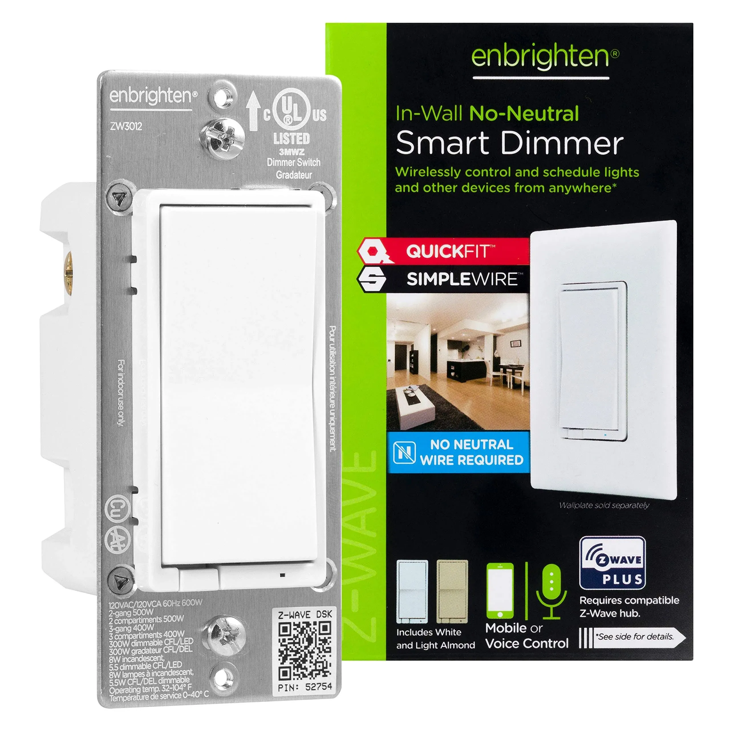 Enbrighten Z-Wave Plus Light Dimmer with QuickFit & SimpleWire, Compatible with Alexa, Google Assistant, Zwave Hub Required, Repeater/Range Extender, 3-Way, White & Light Almond, Smart Switch, 52252