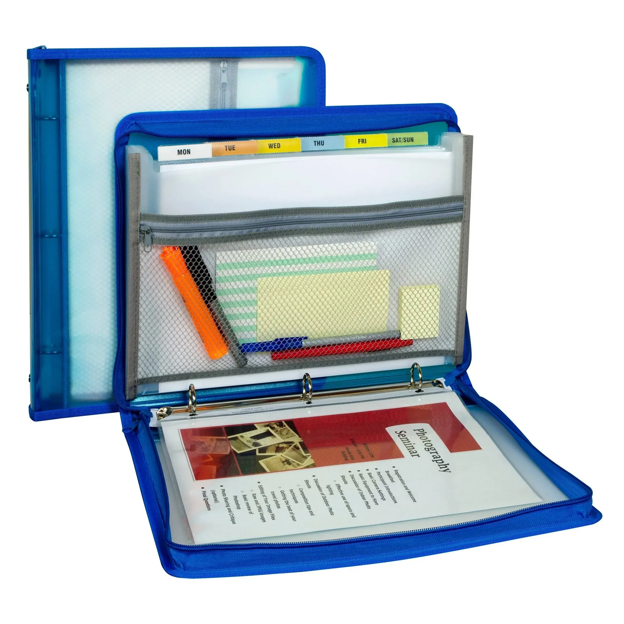 C-Line® Zippered Binder with Expanding File, 2" Expansion, 7 Sections, Zipper Closure, 1/6-Cut Tabs, Letter Size, Bright Blue