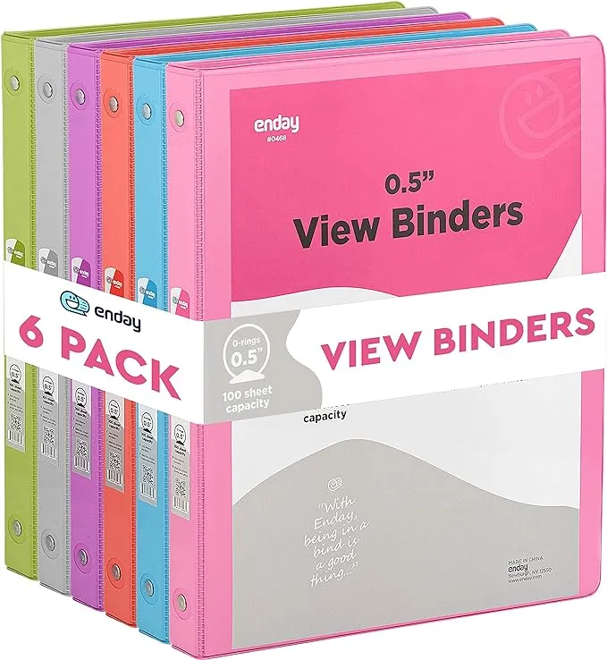 3 Ring Binder, 1.5 Inch Clear View Cover with 2 Inside Pockets Binder, Colored School Supplies 1 ½ Inch Round Ring Binders, in Pink, Red, Blue, Purple, Green, and Grey, Multicolor (6 PC) – by Enday