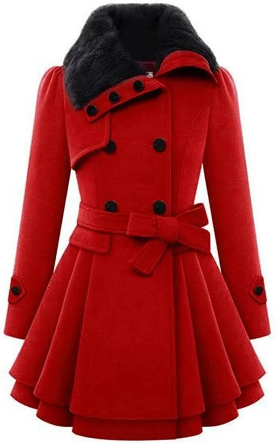 Women's Fashion Faux Fur Lapel Double-Breasted Thick Wool Trench Coat Jacket Red M