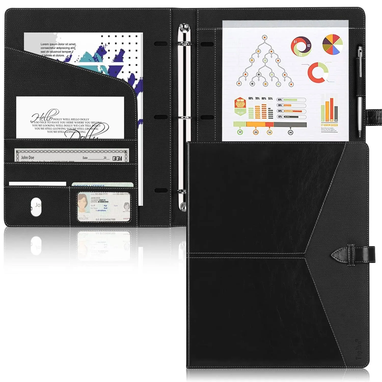 Toplive Padfolio 3 Ring Binder (1 Round Ring) Business Portfolio Folder for Interview Conference and Presentation Black