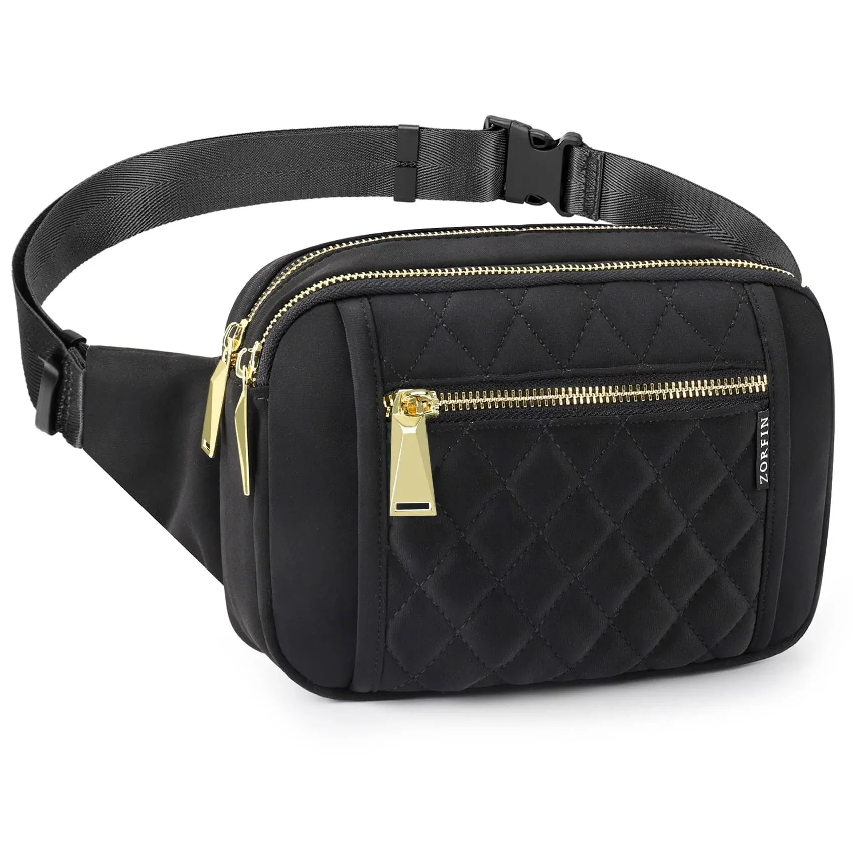 FANNY Packs for Women Men with 5 Zipper Pockets, Quilted Black