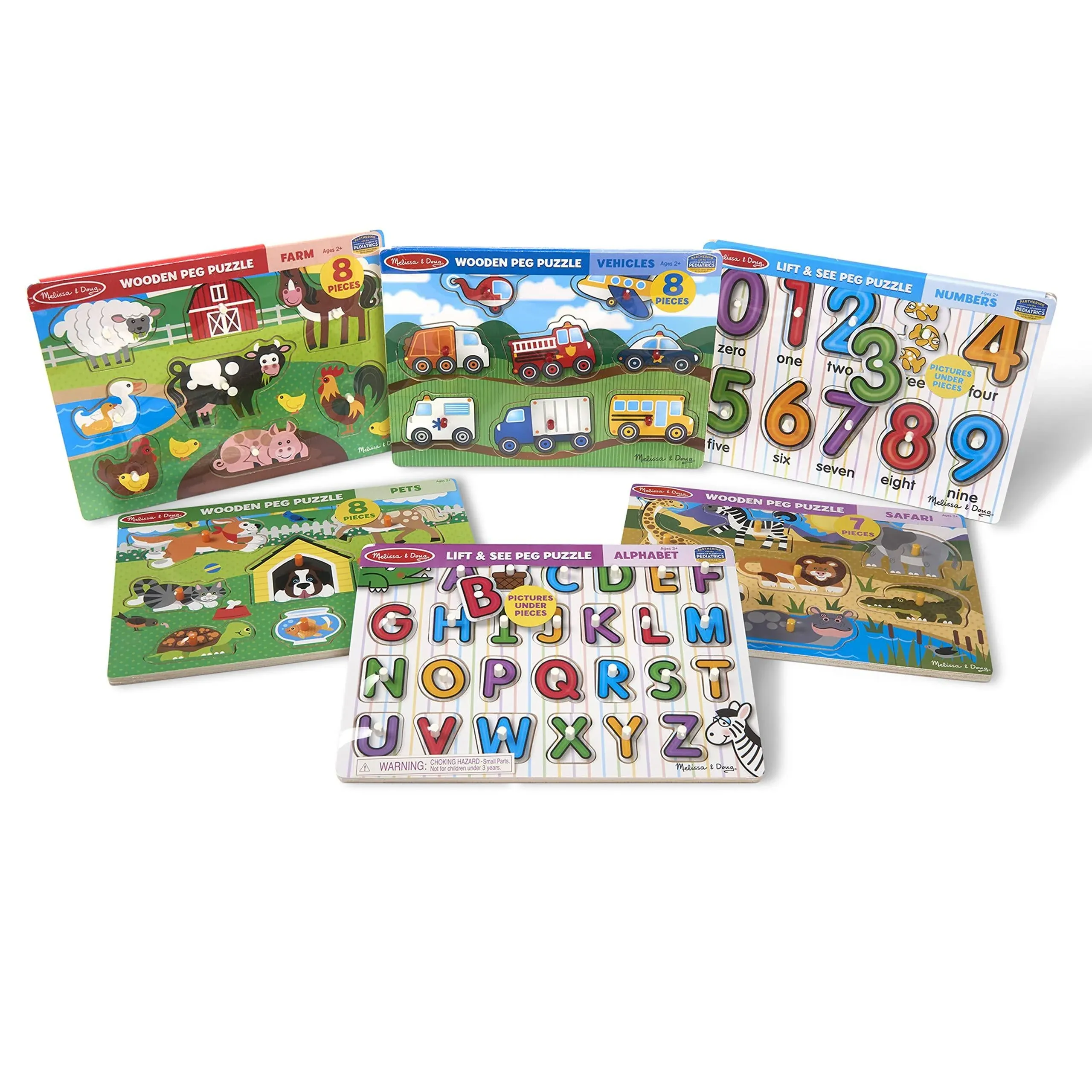 Wooden Peg Puzzle 6-Pack – Numbers, Letters, 3 Animals, Vehicles