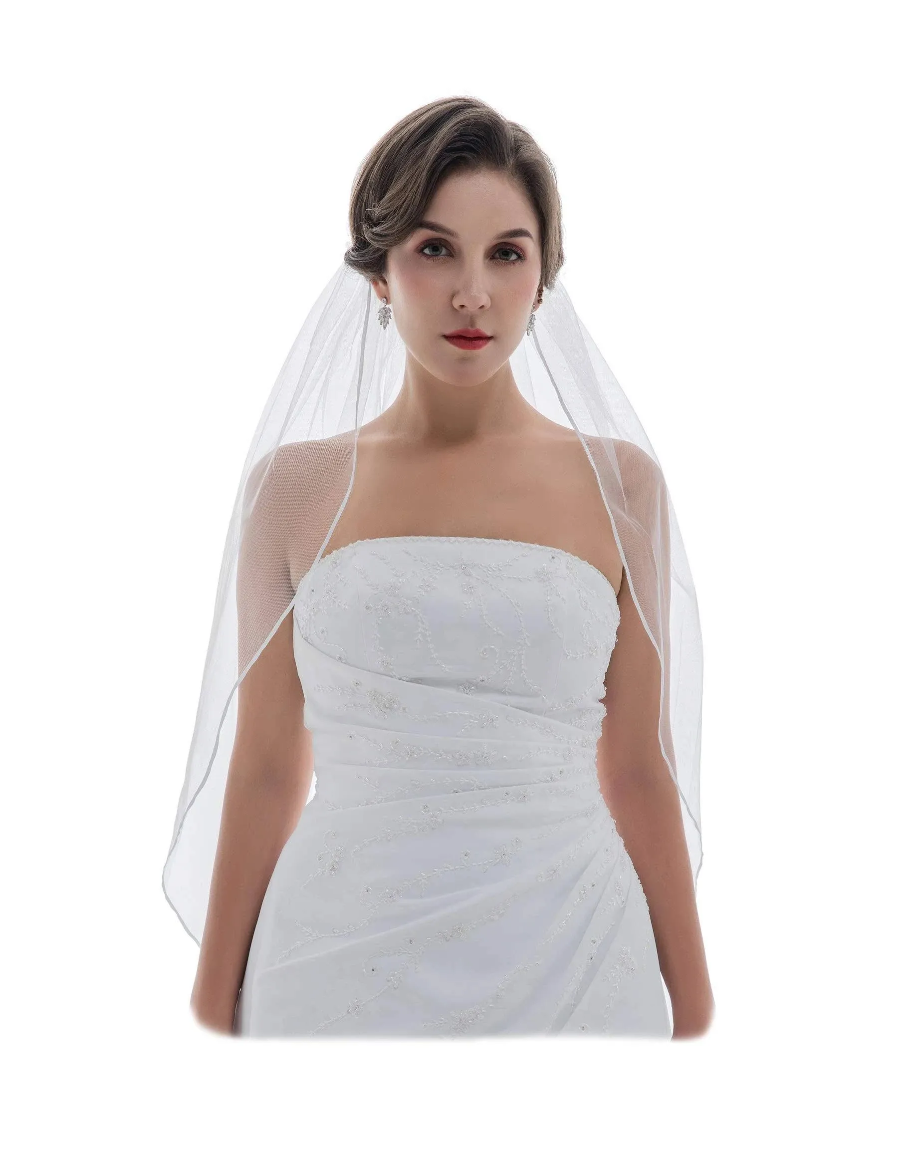 1T White Bridal Elbow Length 1/8&#034; Ribbon Edge Wedding Veil