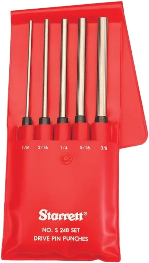 Starrett Extra-Long Drive Pin Punch Set with Knurled Grip and Protective Vinyl Case - 8" Length, 1/8",3/16",1/4",5/16",3/8" Punch Diameter, Set of 5- S248PC