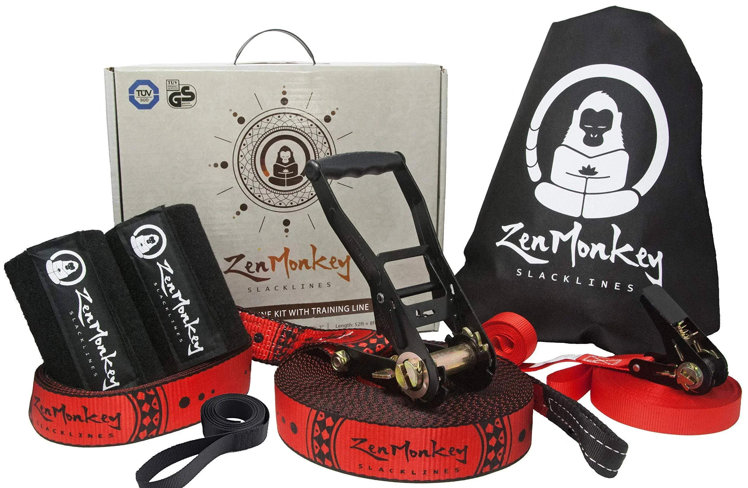 ZenMonkey Slackline Kit with Overhead Training Line, Arm Trainer, Tree Protectors, Cloth Carry Bag and Instructions, 60 Foot - Easy Setup for the Family, Kids and Adults