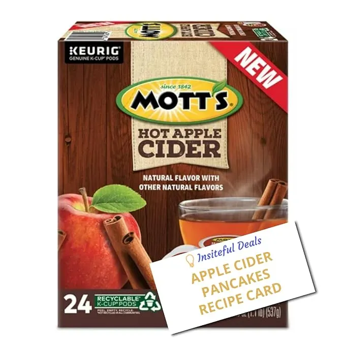 Motts Apple Cider K Cups & Apple Cider Pancakes Recipe Card Bundle - Single-Serve Hot Apple Cider KCups for Keurig Brewers - 1 box 24 Count (ct) Pods and Recipe Card Exclusively from Insiteful Deals