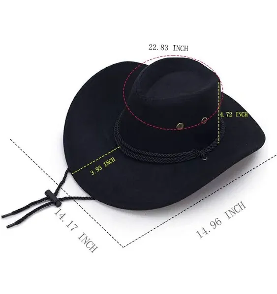 Cowboy Hat for Men and Women with Wide Brim - Black Felt Western Hat with String Sun Hat