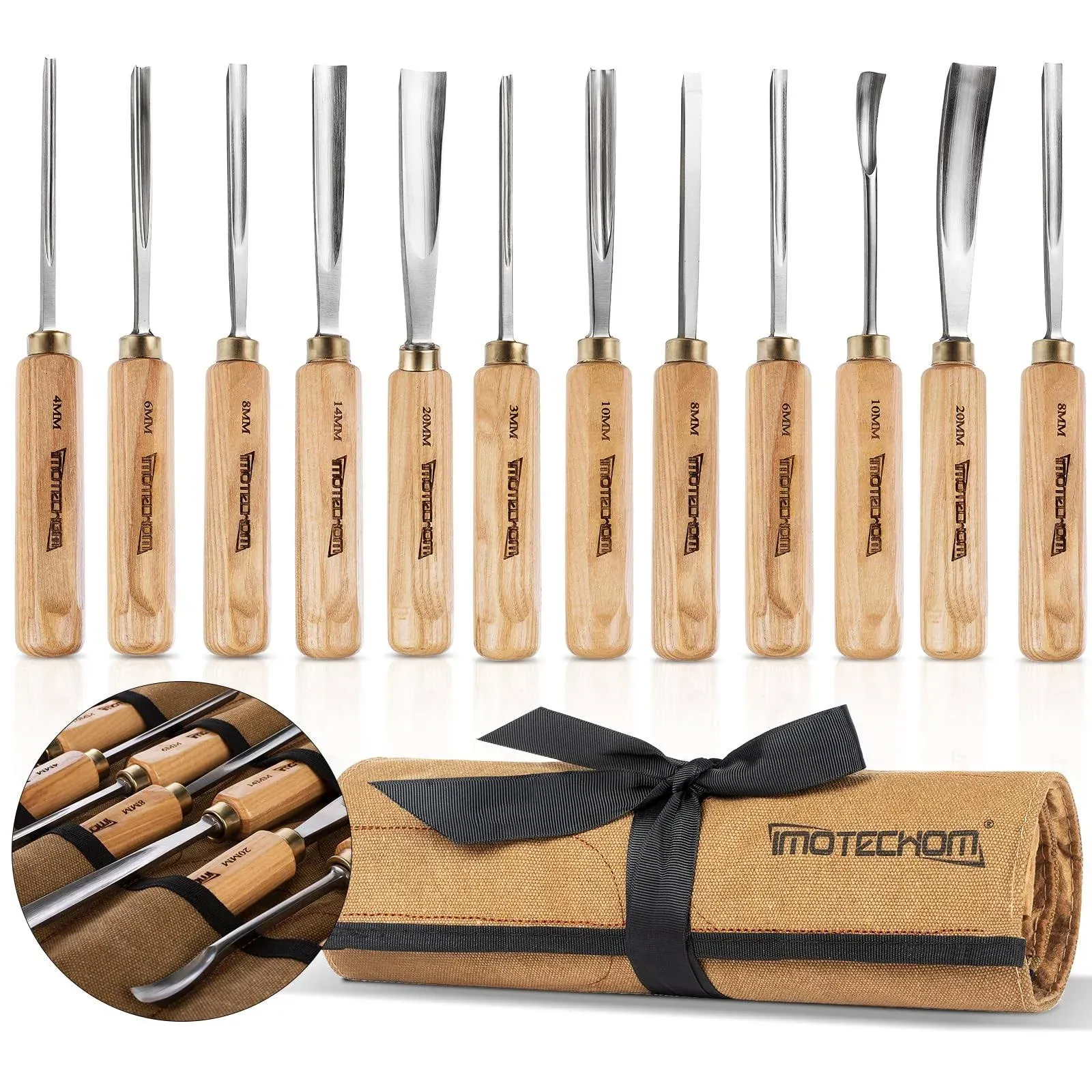 12-Pieces Woodworking Wood Carving Tools Chisel Set with Canvas Bag, Razor Sharp CR-V 60 Steel Blades