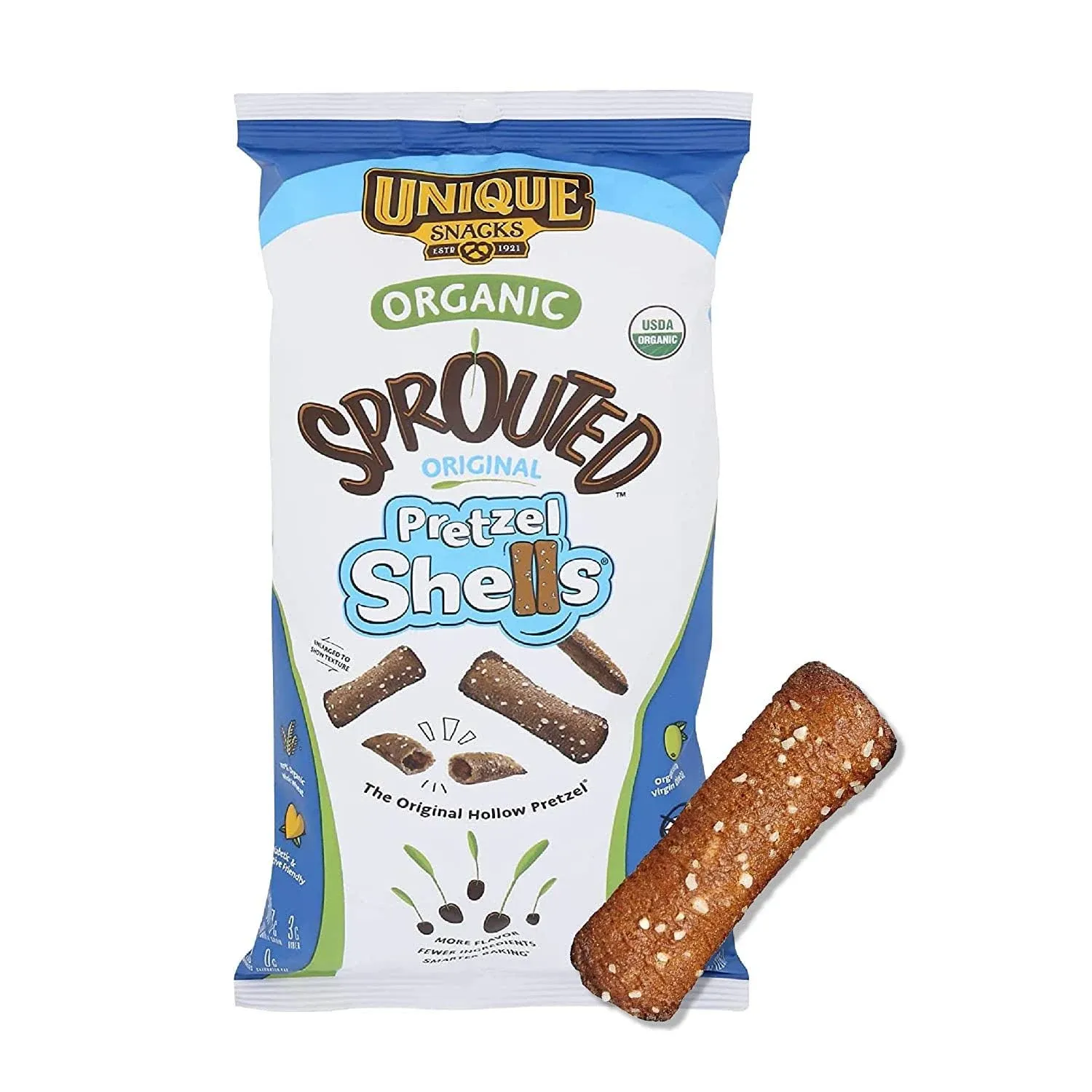 Unique Snacks Sprouted Shells Pretzels, Sprouted Pretzels, 8 Oz Bag (Pack of 3), Distinctive Homestyle Baked, Certified OU Kosher and Non-GMO, No Artificial Flavor