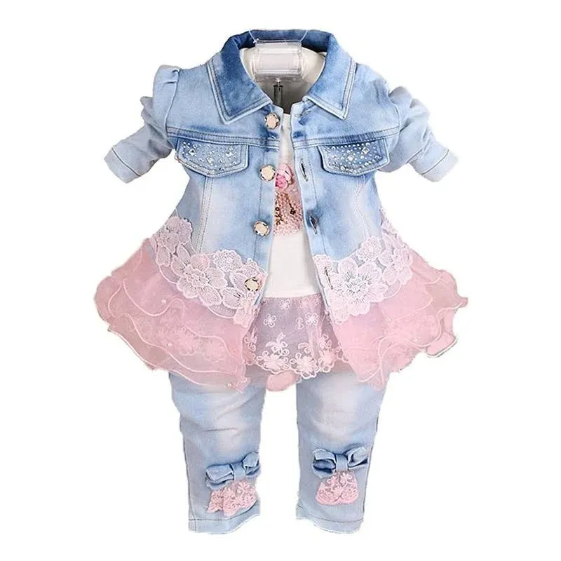 Yao Baby Girls Denim Clothing Sets 3 Pieces Sets T Shirt Denim