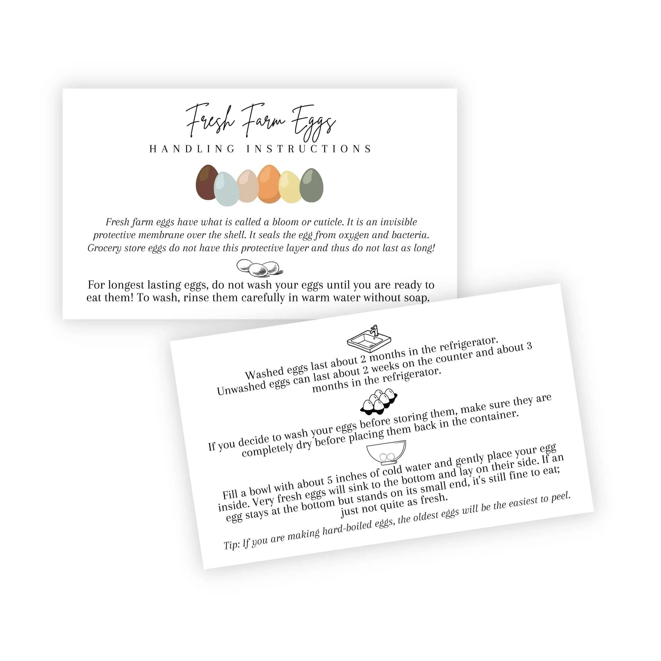 Fresh Farm Eggs Handling Instructions | 50 Pack | 2x3.5" inches Business Card | Egg Handling Instructions for Farm Fresh Eggs | White Card with Colored Egg Design