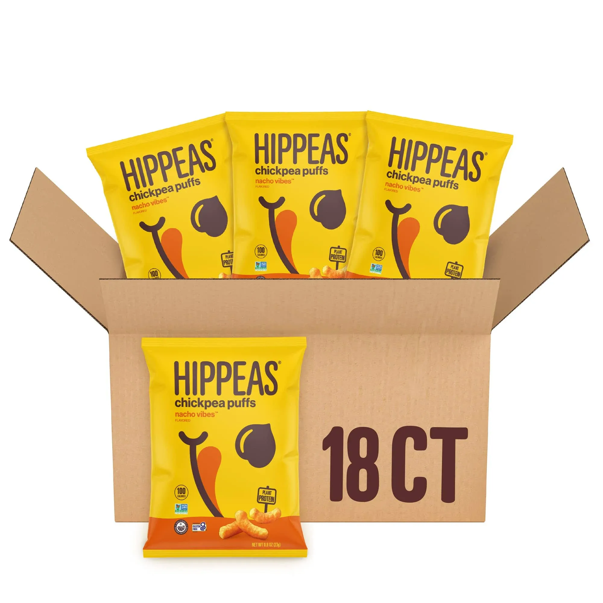 Hippeas Chickpea Puffs, Vegan Nacho Vibes, 0.8 Ounce (Pack of 18), 3g Protein, 2g Fiber, Vegan, Gluten-Free, Crunchy, Plant Protein Snacks - Packaging May Vary