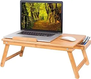 BIRDROCK HOME Bamboo Laptop Bed Tray with Adjustable Tilt Surface | Foldable Legs & Pullout Storage Drawer | Wooden Lap Desk for Work, Reading, or Eating | Fits Laptops Up to 15" | Natural Finish