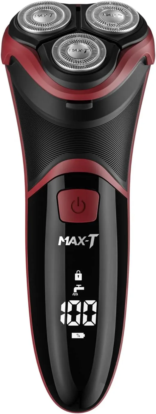 MAX-T Men's Electric Shaver - Corded and Cordless Rechargeable 3D Rotary Shaver Razor for Men with Pop-up Sideburn Trimmer Wet and Dry Painless 100-240V Red