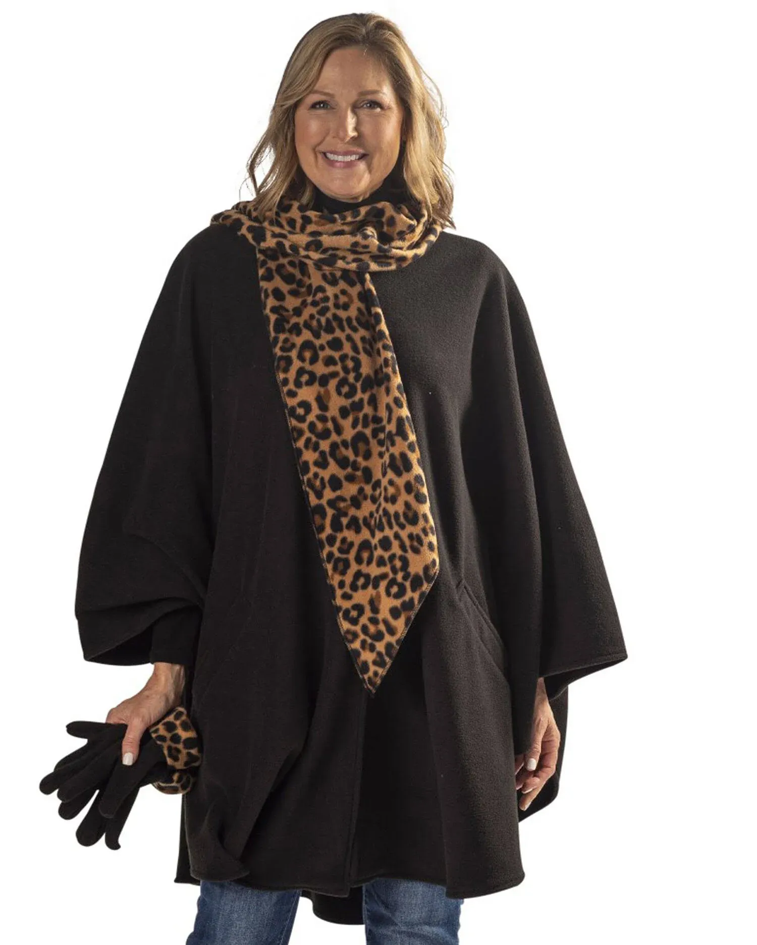 Le Moda Wrap with Integrated Pleated Scarf with Gloves | One Size | Polyester