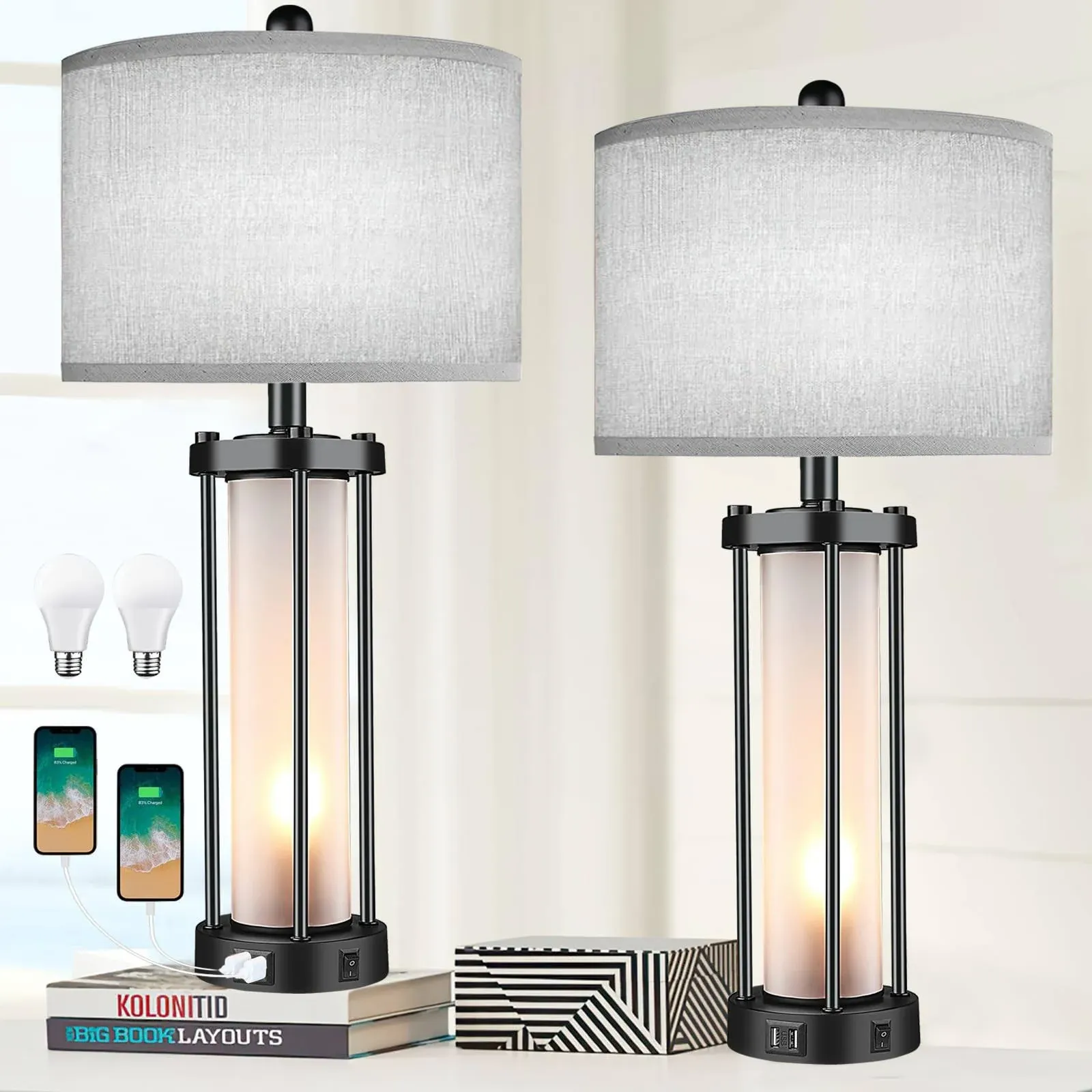 Table Lamps for Living Room Set of 2,26&#034; Tall Bedside Farmhouse Lamps with Bulb