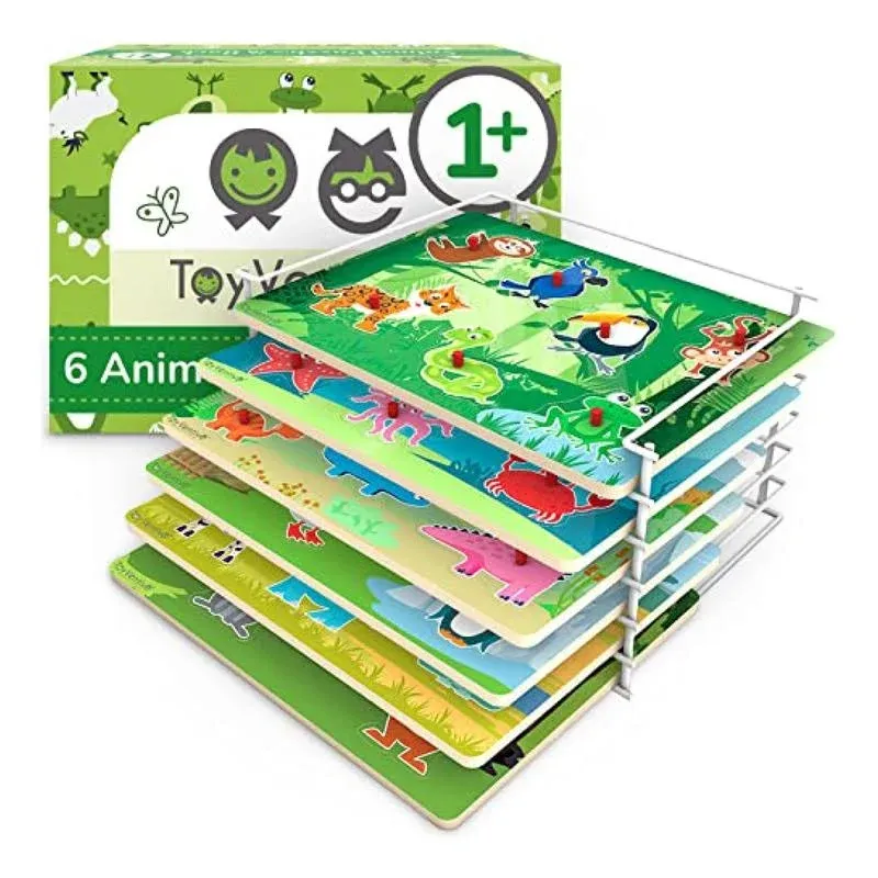 Toyventive Wooden Peg Learning Puzzles for Toddlers 1-3 Years - 6 Pack with Wire ...