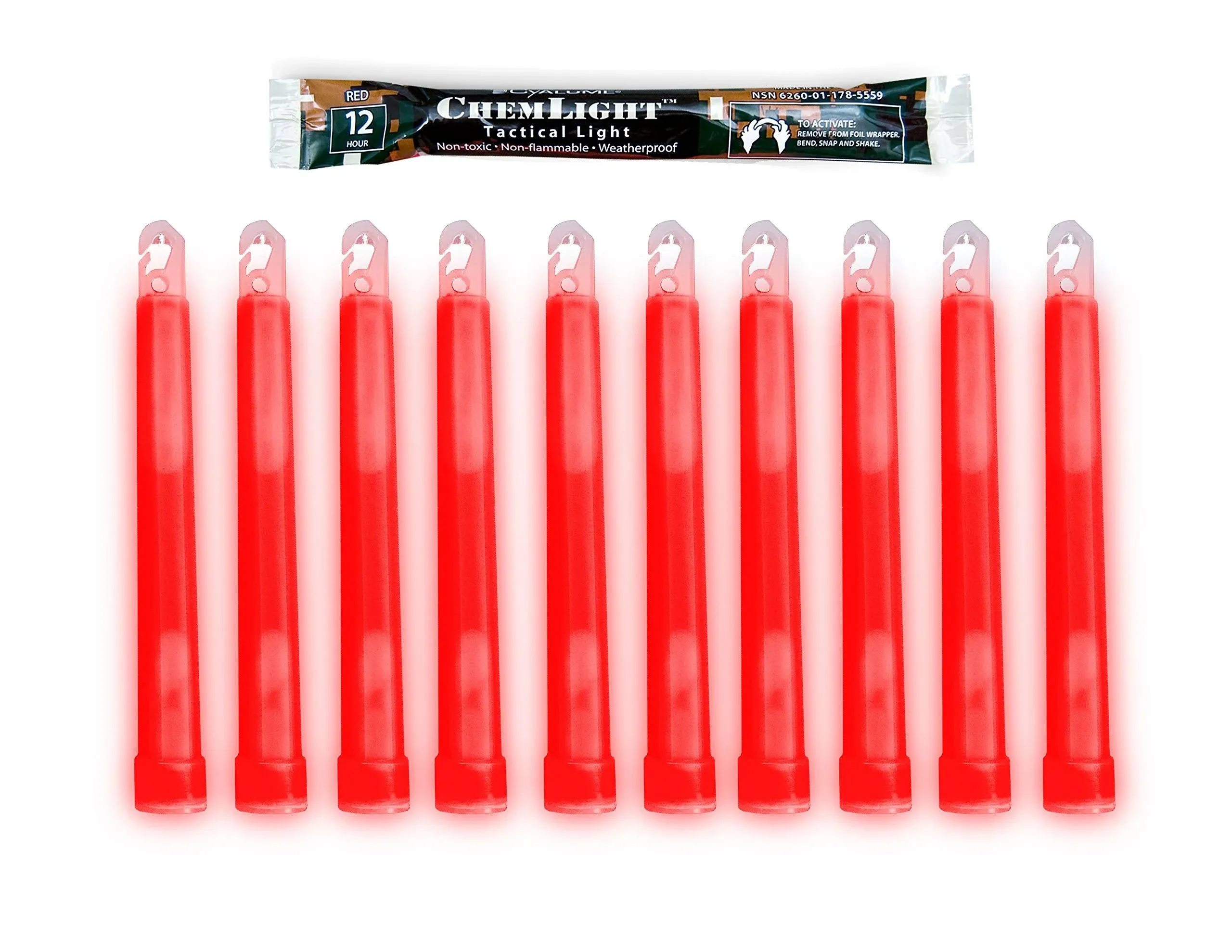 Cyalume Military Grade Red Glow Sticks - Premium Bright 6” Chemlight Emergency Glow Sticks with 8 Hour Duration (Bulk Pack of 10 Chem Lights)