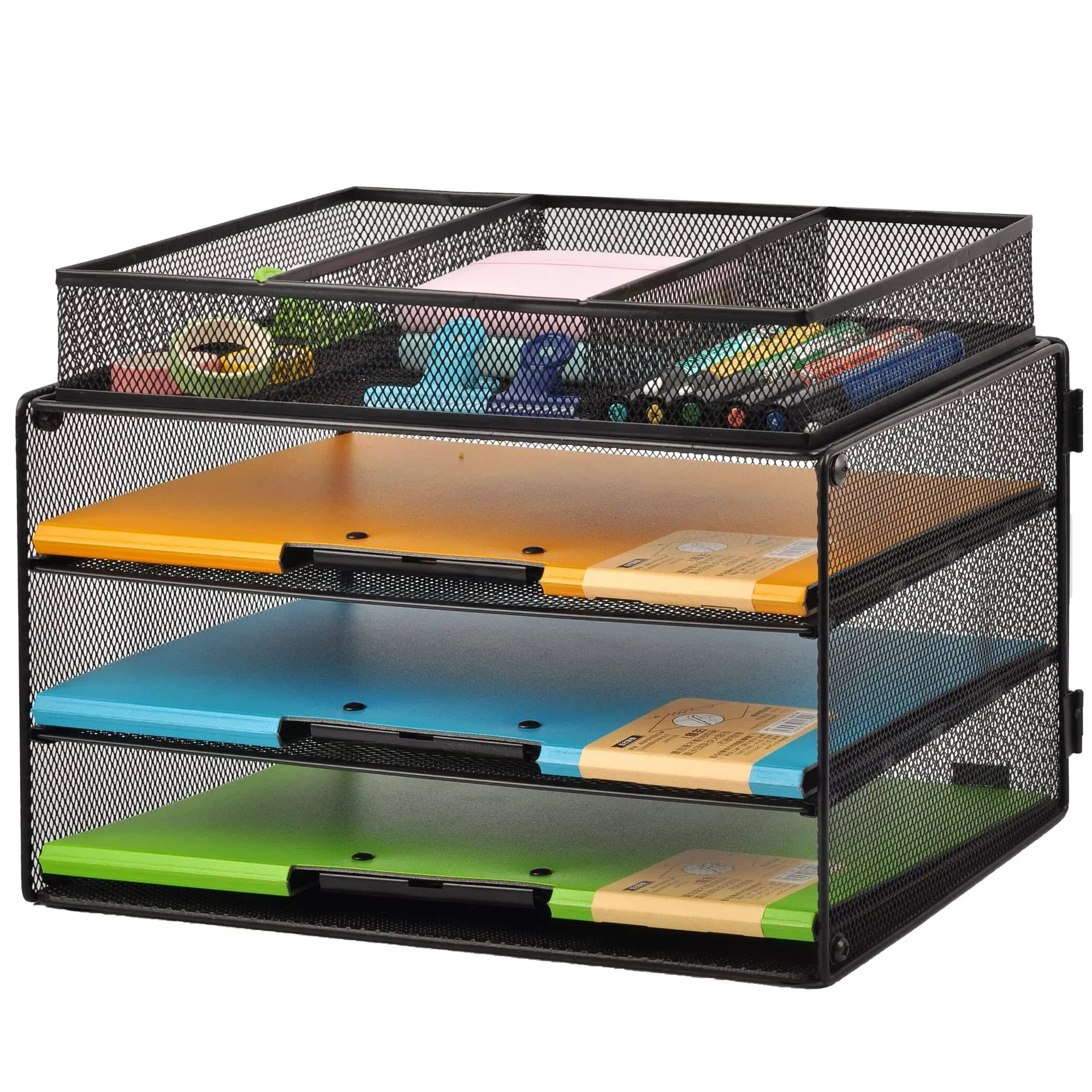 GDINDINFAN Paper Letter Tray Organizer, 3 Tier Mesh 3-Tier with Drawer, Black 