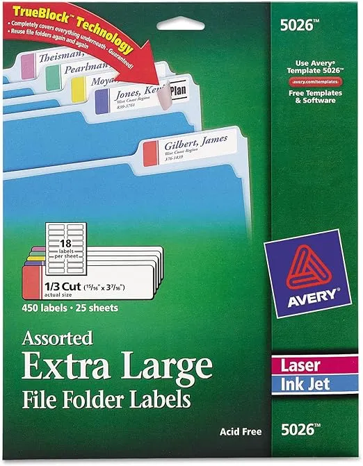 Avery® TrueBlock® Extra-Large Permanent Inkjet/Laser File Folder Labels, 5026, 15/16" x 3 7/16", Assorted Colors, Pack Of 450