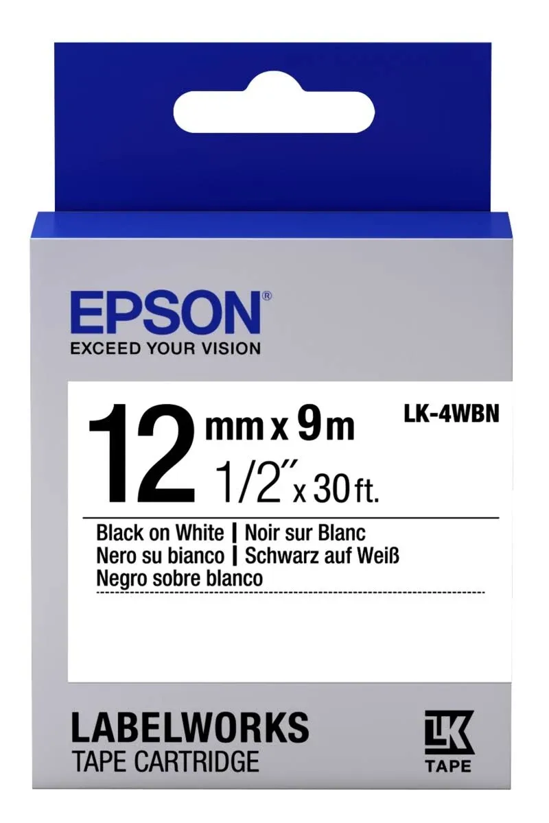 Epson LK-4WBN - Label-Making Tapes (Black on White, LabelWorks LW-1000P LabelWorks LW-300 LabelWorks LW-400 LabelWorks LW-400VP LabelWorks LW-600P, Box, 1.2 cm, 9 m)