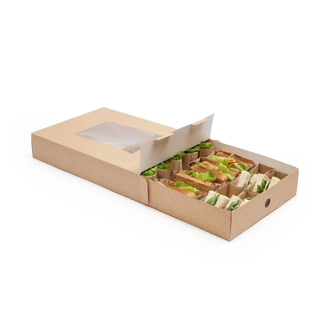 Restaurantware Slide Tek 17.7 x 12.2 x 3.2 Inch 10 Grease-Resistant Catering Boxes-Cover with Window Included, Side Lock, Kraft Paper Catering Food Containers, Recyclable, Inserts Sold Separately