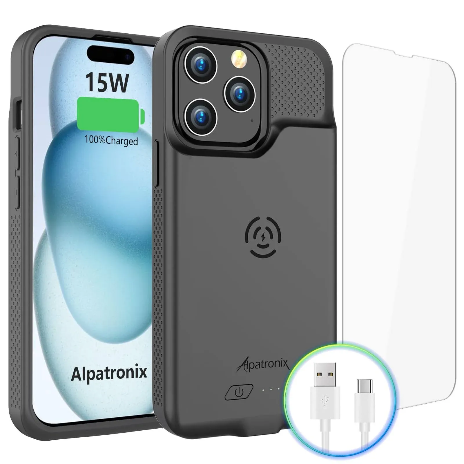 Alpatronix Wireless Battery Case Compatible with iPhone 15 Pro Max and iPhone 15 Plus, Strong Slim Portable Protective Extended 15W Fast Charging Cover with Wireless Charging (BX15 Pro Max) - Black