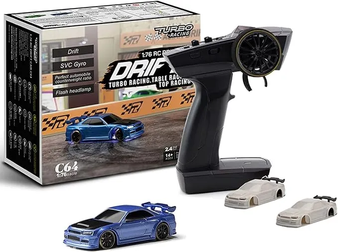 Turbo Racing 1:76 Scale Drift RC Car with Gyro Mini Full Proportional RTR 2.4GHZ Remote Control with 2 Replaceable Body Shell (C64 Blue-Drift)