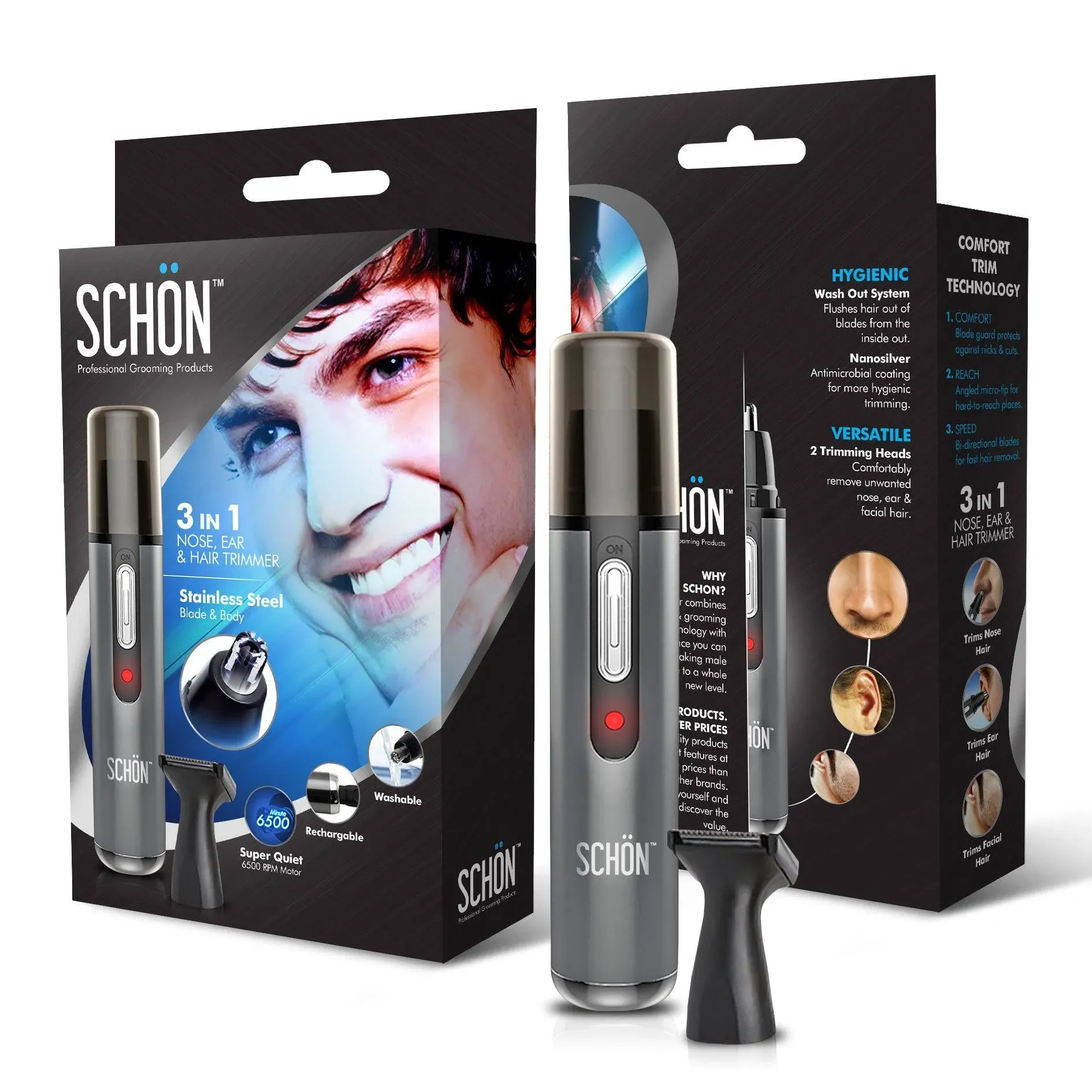 SCHON Stainless Steel Rechargeable 3-in-1 Nose, Ear, Eyebrow, and Facial Hair Trimmer for Men and Women - Easy to Clean & Soft Carry Bag Included