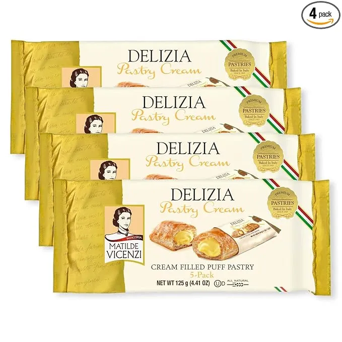 Delizia Pastry Cream by Pasticceria Matilde Vicenzi | Cream Filled Puff Pastry Patisserie Rolls | All-Natural, Kosher Dairy | Made in Italy | 4.41oz (125g) Box, 4-Pack