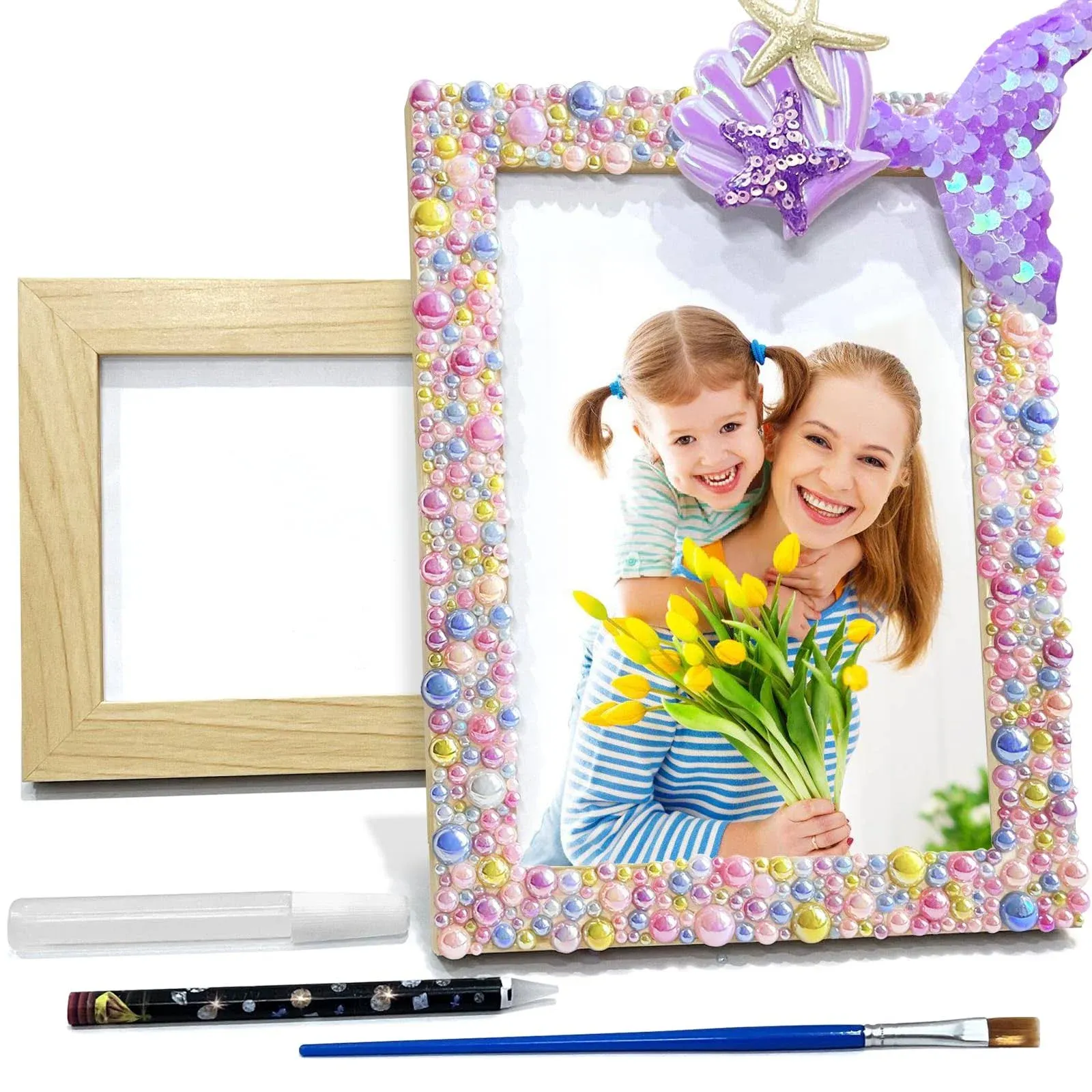 DIY Mosaic Mermaid Picture frames, Arts &amp; crafts 4x6 Picture Frame Diy kit, suitable for 4 5 6 7 8 9 10 11 12 year old boys Girls gift, Colorful