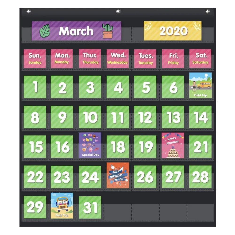 Eamay Classroom Monthly Calendar Pocket Chart with 71 Cards for Kids Learning for Home(Black)