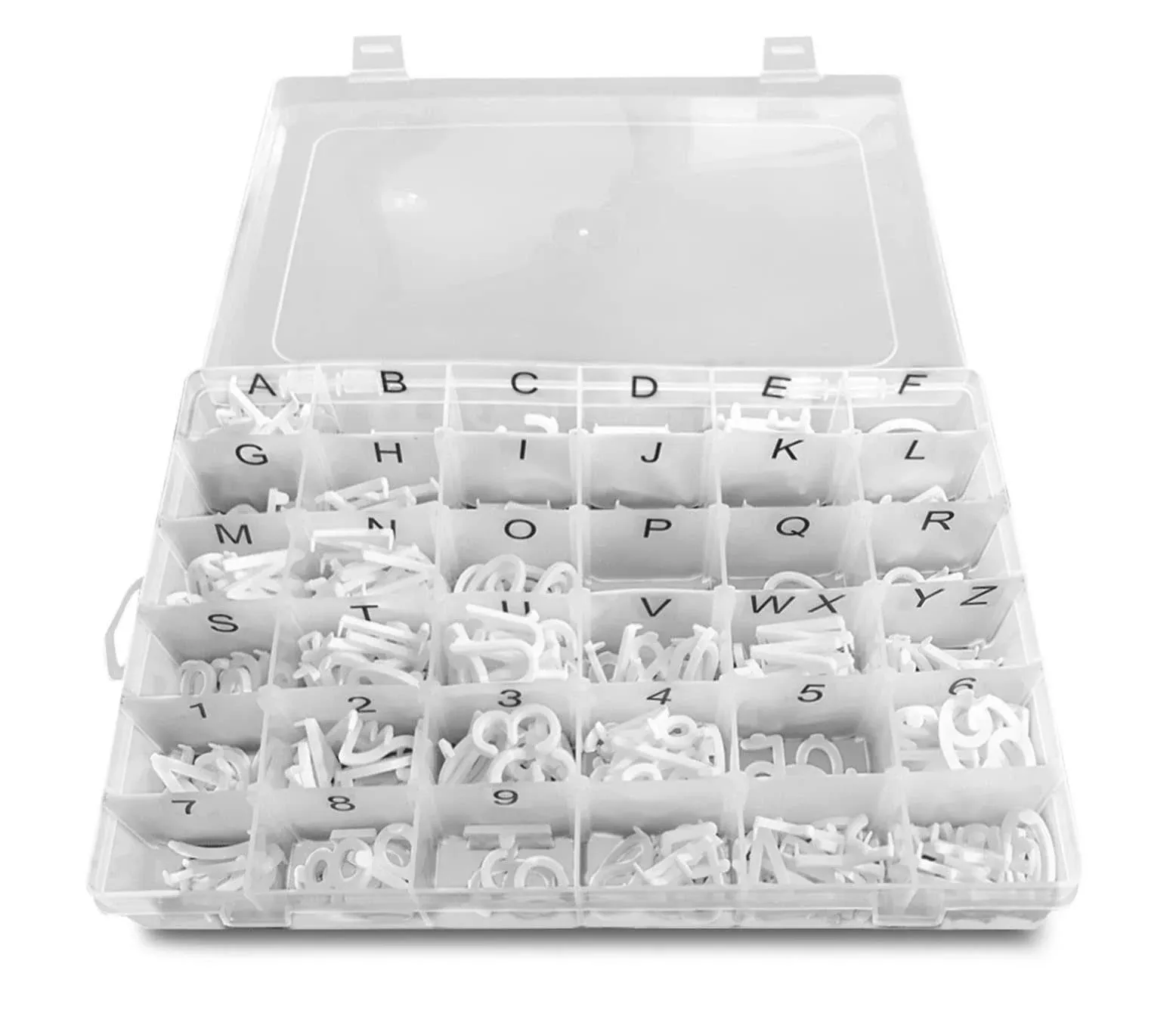 Letter board letters in organizer - 1 inch pre-cut plastic characters - white