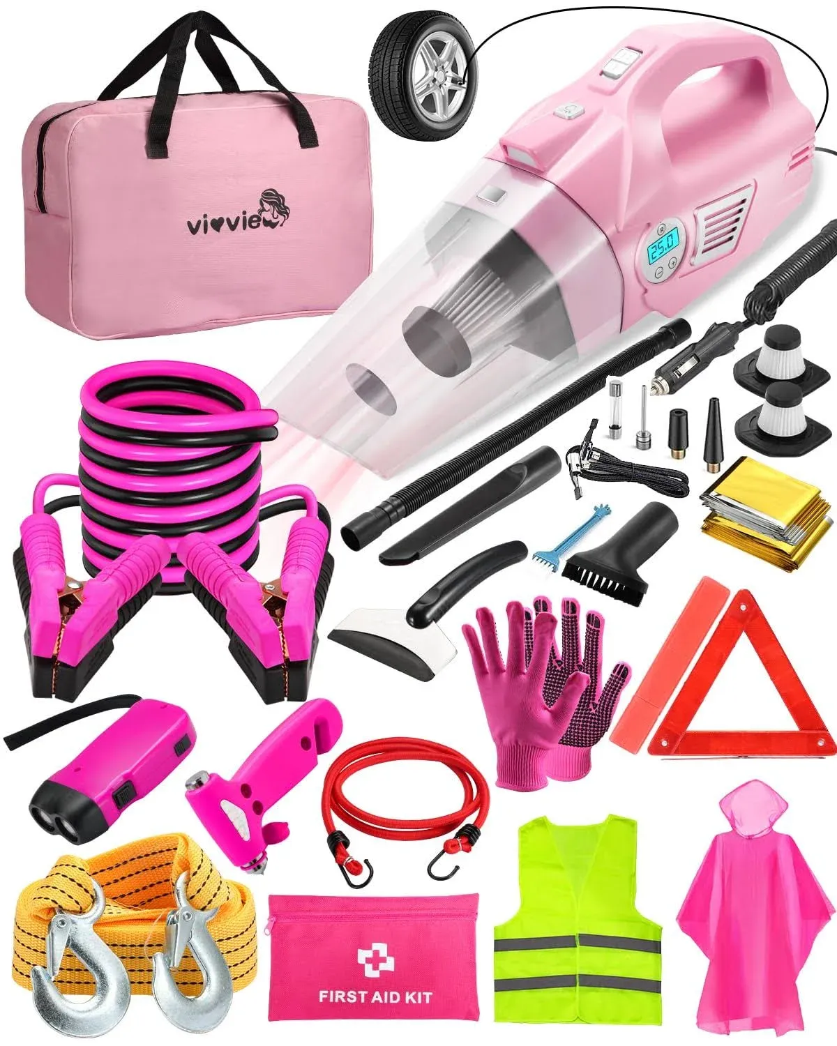 Vioview Roadside Emergency Car Safety Kit, with 4 in 1 Inflatable Car Vacuum Cleaner, Pink Jumper Cables, First Aid Kit, Tow Rope, Vehicle Road Trip