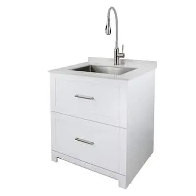 All-in-One 29 in. x 25.5 in. Stainless Steel Quartz Undermount Laundry/Utility Sink and Cabinet with Faucet in White