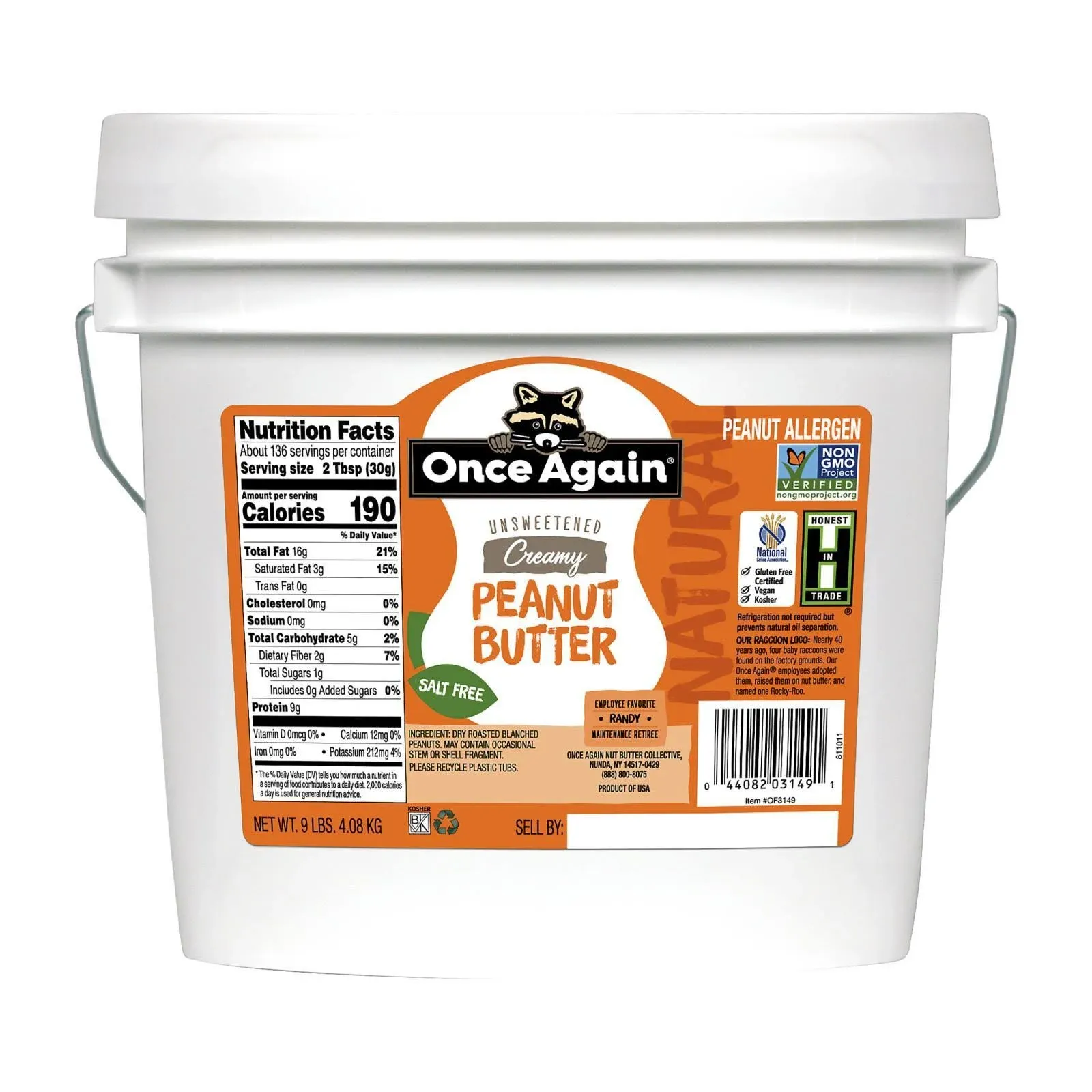 Once Again Natural, Creamy Peanut Butter, 9lb Bucket (same as 9 jars) - Salt Free, Unsweetened - Gluten Free Certified, Vegan, Kosher, Non-GMO Verified