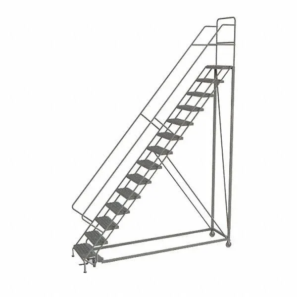 Tri-Arc KDEC114246 14-Step Forward Descent Safety Angle Steel Rolling Industrial and Warehouse Ladder with Perforated Tread, 24-Inch Wide Steps