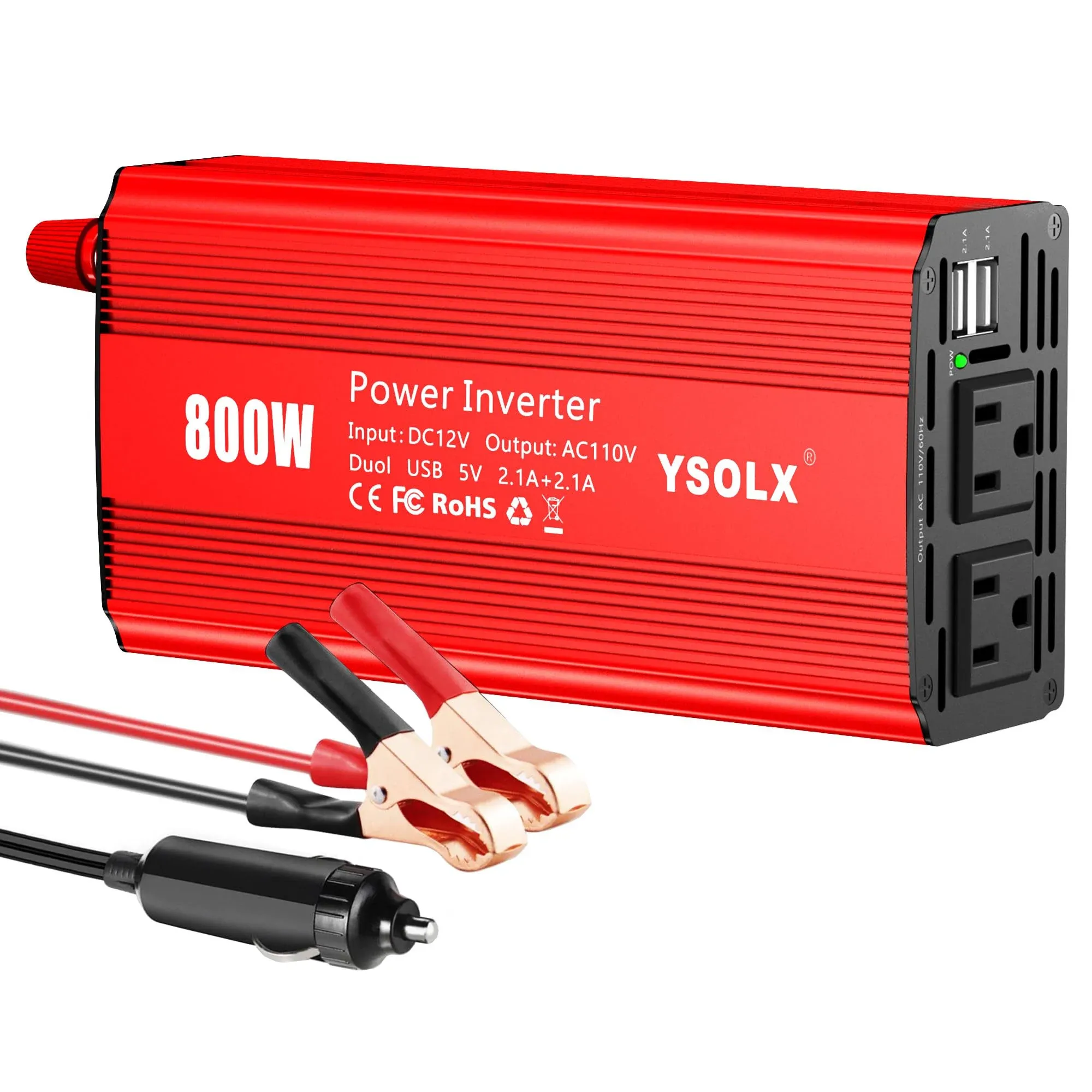 YSOLX 800W Digital Power Inverter DC 12V to 110v AC Convert Dual USB 5v 2.1A X2