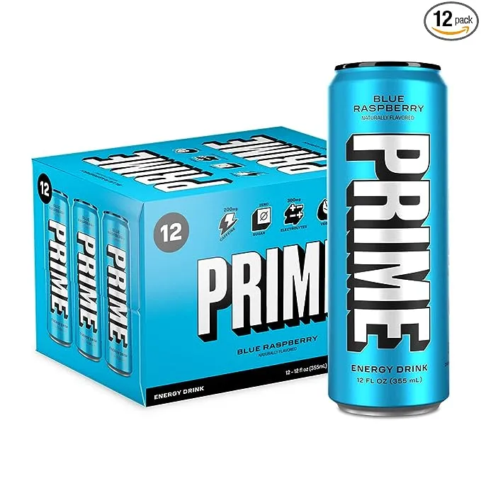 Prime Hydration Energy Drink with 200 mg. of Caffeine and 300 mg. of Electrolytes - Blue Raspberry (12 Drinks / 12 Fl. Oz. Each)